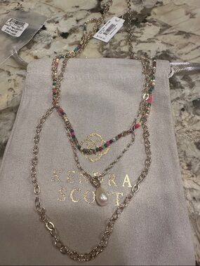 NWT Kendra Scott Gold Multi-Strand Beaded Necklace Pearl Accent in Multi-Color